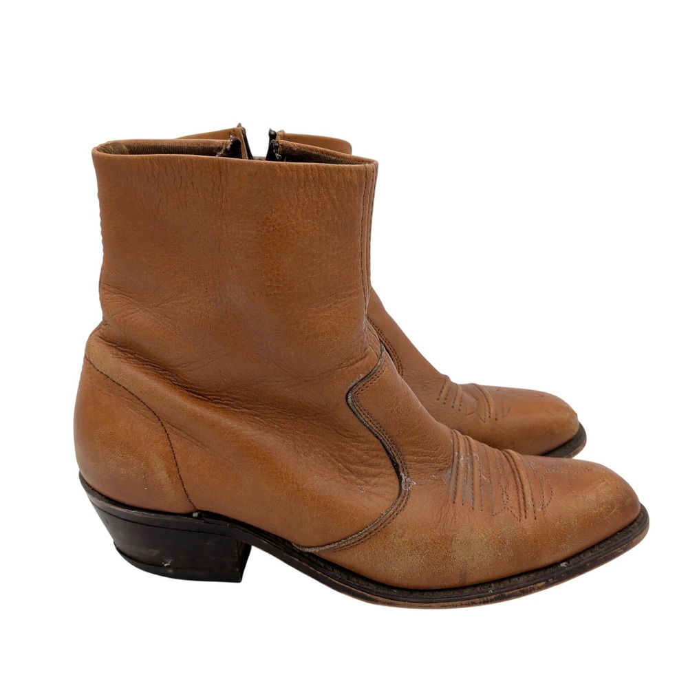 Vintage Tan Brown Leather Western Cowboy Ankle Boots Side Zip Mens 8.5 D J0506